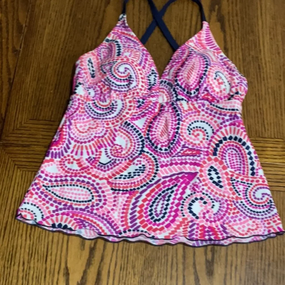 Swim bathing suit top pretty in pinks & purples with navy blue trim size 8